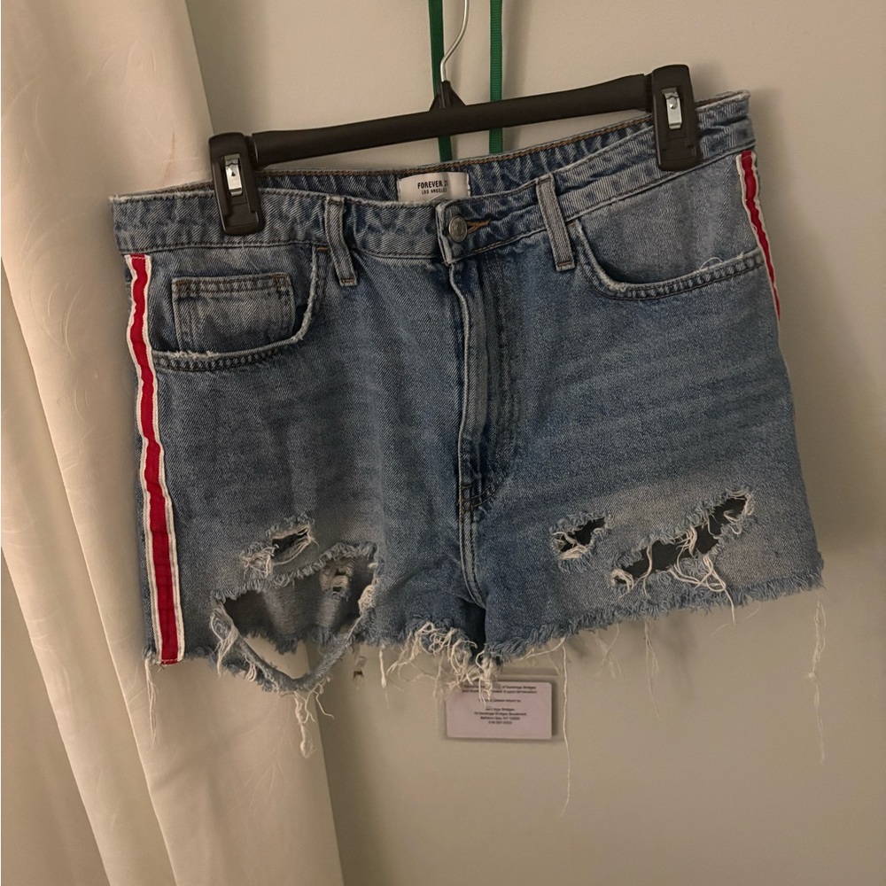 Forever 21 Blue Distressed Jean Shorts with Red Stripe